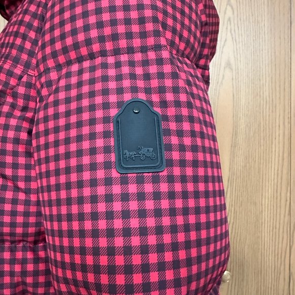 Women COACH Gingham Check Short Down Puffer Coat Jacket - Red/Black - Size Large - Picture 5 of 15